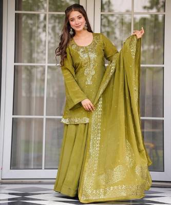 Olive chinon straight foil printed kurta set for women with dupatta and palazzo 1