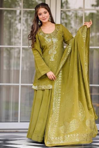 Olive chinon straight foil printed kurta set for women with dupatta and palazzo