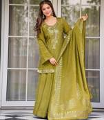 Olive chinon straight foil printed kurta set for women with dupatta and palazzo