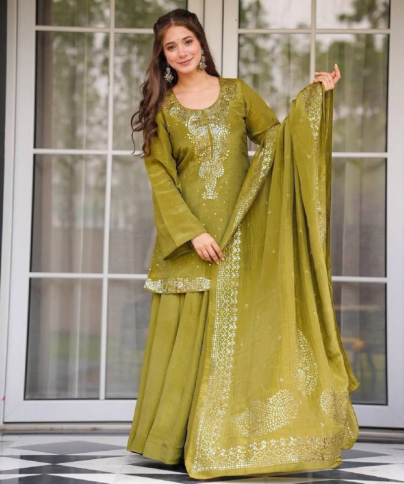 Olive chinon straight foil printed kurta set for women with dupatta and palazzo