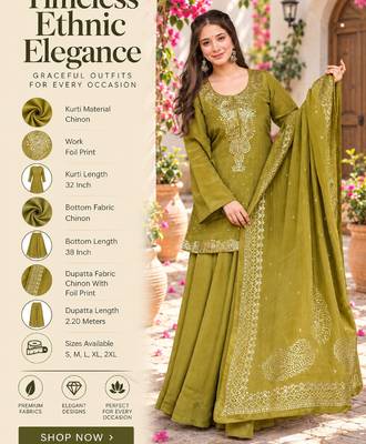 Olive chinon straight foil printed kurta set for women with dupatta and palazzo 2