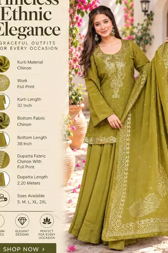 Olive chinon straight foil printed kurta set for women with dupatta and palazzo