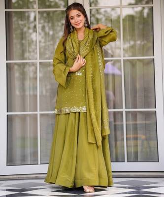 Olive chinon straight foil printed kurta set for women with dupatta and palazzo 3