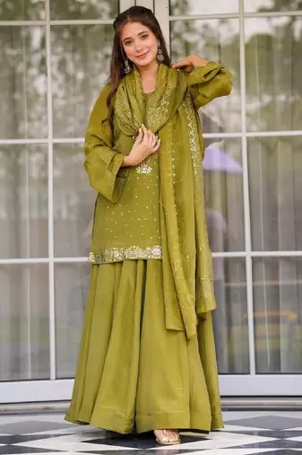 Olive chinon straight foil printed kurta set for women with dupatta and palazzo