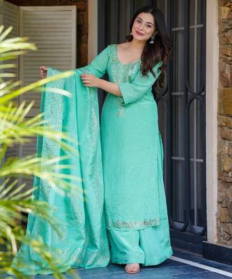 Aqua chinon straight foil printed kurta set for women with dupatta and palazzo 1