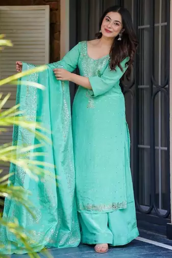 Aqua chinon straight foil printed kurta set for women with dupatta and palazzo