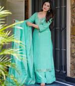 Aqua chinon straight foil printed kurta set for women with dupatta and palazzo