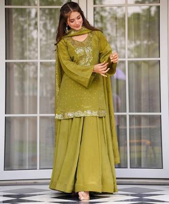 Olive chinon straight foil printed kurta set for women with dupatta and palazzo 4