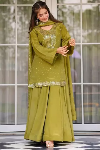 Olive chinon straight foil printed kurta set for women with dupatta and palazzo