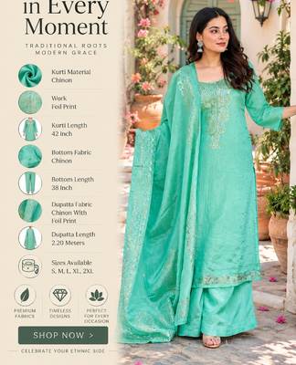 Aqua chinon straight foil printed kurta set for women with dupatta and palazzo 2
