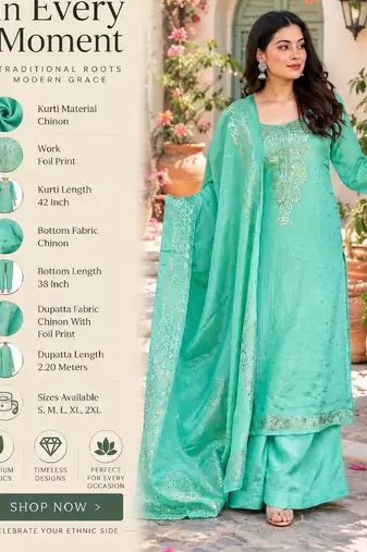 Aqua chinon straight foil printed kurta set for women with dupatta and palazzo