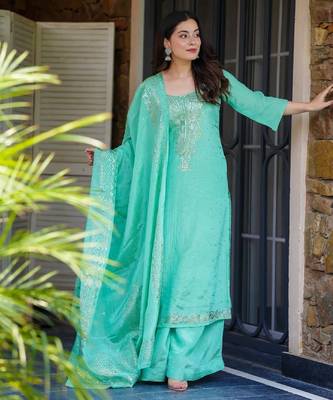 Aqua chinon straight foil printed kurta set for women with dupatta and palazzo 3
