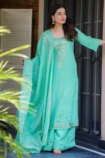 Aqua chinon straight foil printed kurta set for women with dupatta and palazzo
