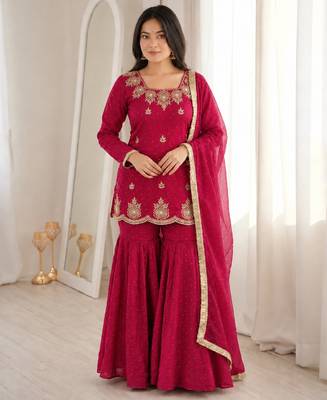 Dark pink silk blend straight embroidered kurta set for women with dupatta and sharara 1
