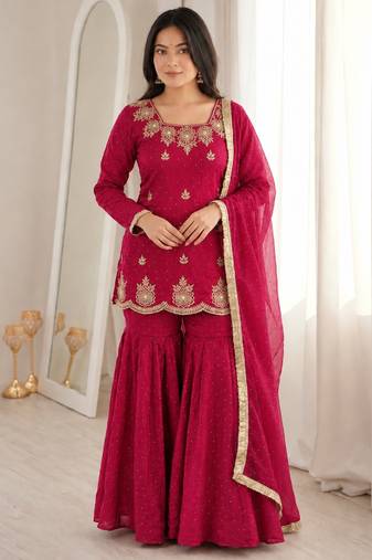 Dark pink silk blend straight embroidered kurta set for women with dupatta and sharara