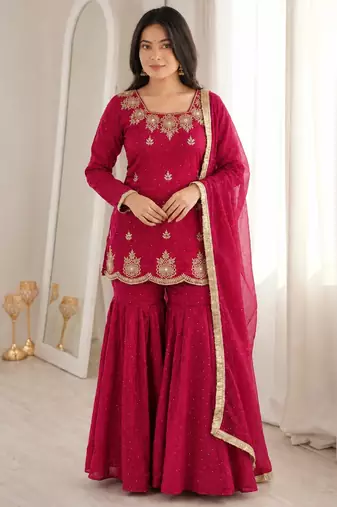 Dark pink silk blend straight embroidered kurta set for women with dupatta and sharara