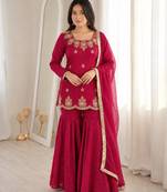 Dark pink silk blend straight embroidered kurta set for women with dupatta and sharara