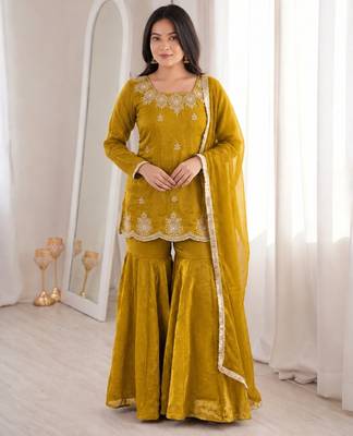 Mustard silk blend straight embroidered kurta set for women with dupatta and sharara 1