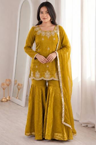 Mustard silk blend straight embroidered kurta set for women with dupatta and sharara