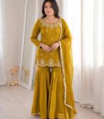 Mustard silk blend straight embroidered kurta set for women with dupatta and sharara