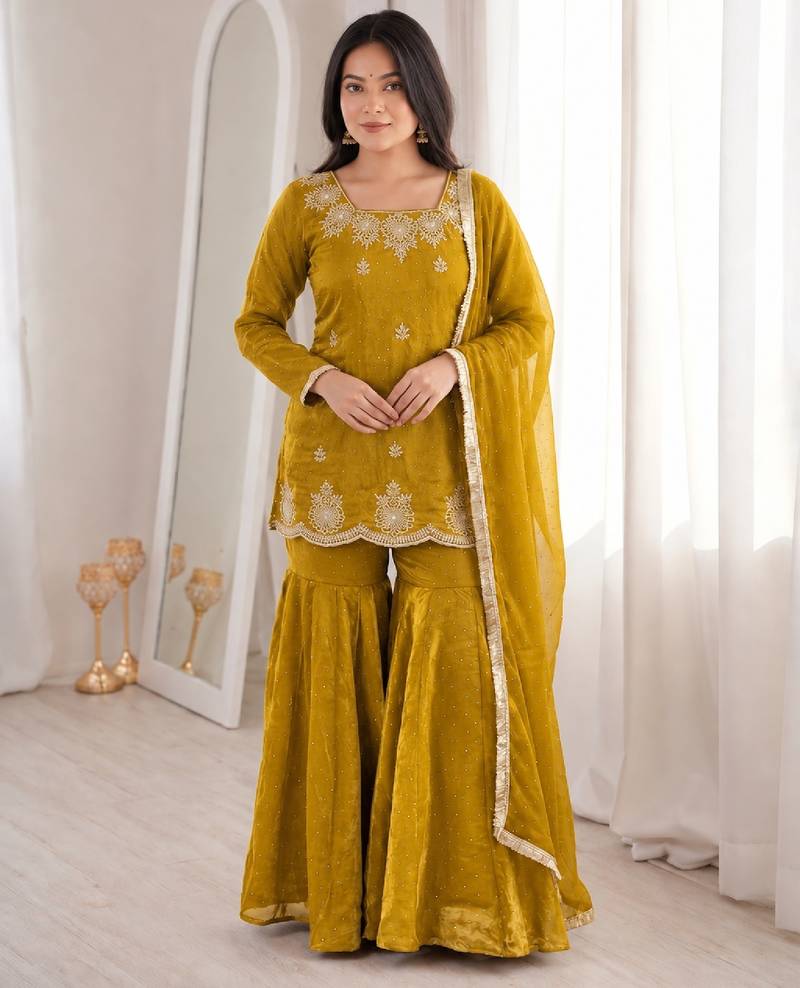 Mustard silk blend straight embroidered kurta set for women with dupatta and sharara