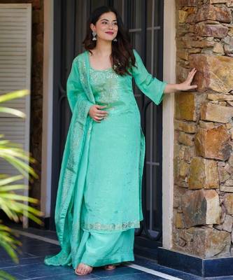 Aqua chinon straight foil printed kurta set for women with dupatta and palazzo 4
