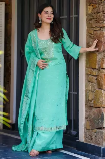 Aqua chinon straight foil printed kurta set for women with dupatta and palazzo