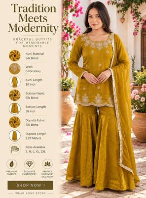 Mustard silk blend straight embroidered kurta set for women with dupatta and sharara 2