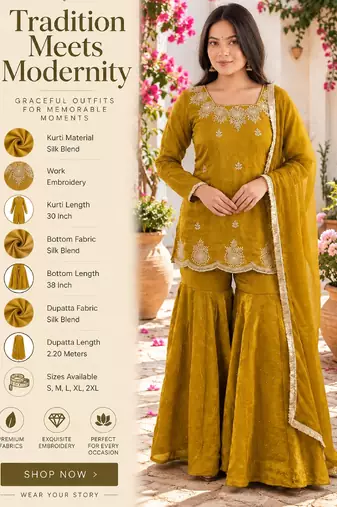 Mustard silk blend straight embroidered kurta set for women with dupatta and sharara