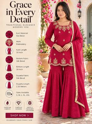 Dark pink silk blend straight embroidered kurta set for women with dupatta and sharara 2