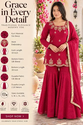 Dark pink silk blend straight embroidered kurta set for women with dupatta and sharara