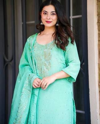 Aqua chinon straight foil printed kurta set for women with dupatta and palazzo 5