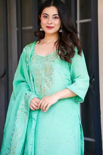Aqua chinon straight foil printed kurta set for women with dupatta and palazzo