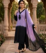 Women's lavender crepe embroidered straight kurta set with dupatta and pant