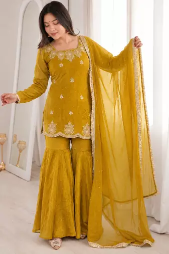 Mustard silk blend straight embroidered kurta set for women with dupatta and sharara