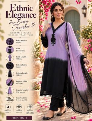 Women's lavender crepe embroidered straight kurta set with dupatta and pant 2