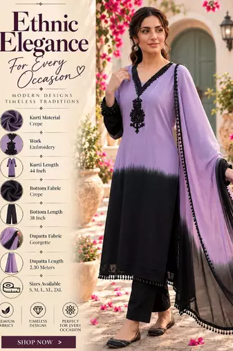 Women's lavender crepe embroidered straight kurta set with dupatta and pant