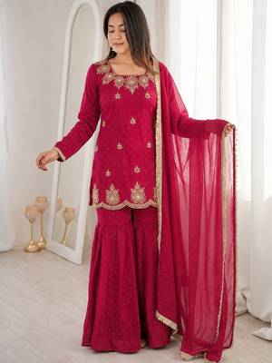 Dark pink silk blend straight embroidered kurta set for women with dupatta and sharara 3