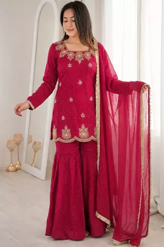 Dark pink silk blend straight embroidered kurta set for women with dupatta and sharara