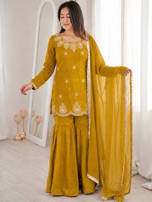 Mustard silk blend straight embroidered kurta set for women with dupatta and sharara 4