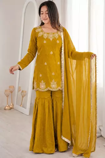 Mustard silk blend straight embroidered kurta set for women with dupatta and sharara