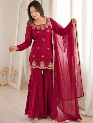 Dark pink silk blend straight embroidered kurta set for women with dupatta and sharara 4