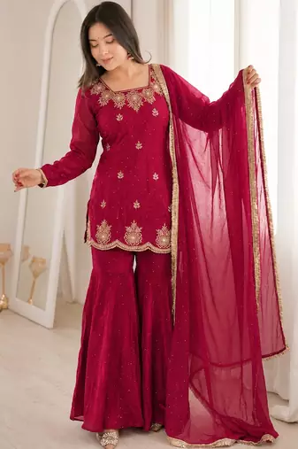 Dark pink silk blend straight embroidered kurta set for women with dupatta and sharara