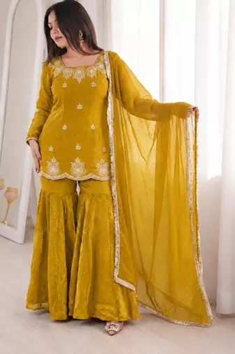Mustard silk blend straight embroidered kurta set for women with dupatta and sharara
