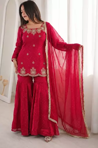Dark pink silk blend straight embroidered kurta set for women with dupatta and sharara