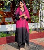Women's pink crepe embroidered straight kurta set with dupatta and pant