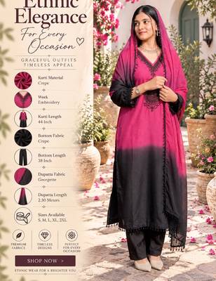 Women's pink crepe embroidered straight kurta set with dupatta and pant 2
