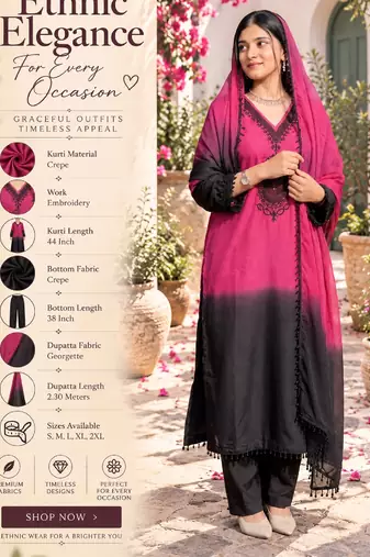 Women's pink crepe embroidered straight kurta set with dupatta and pant