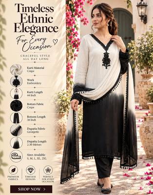 Women's white crepe embroidered straight kurta set with dupatta and pant 2