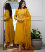 Women's chanderi yellow embroidered kurta set with dupatta and pant